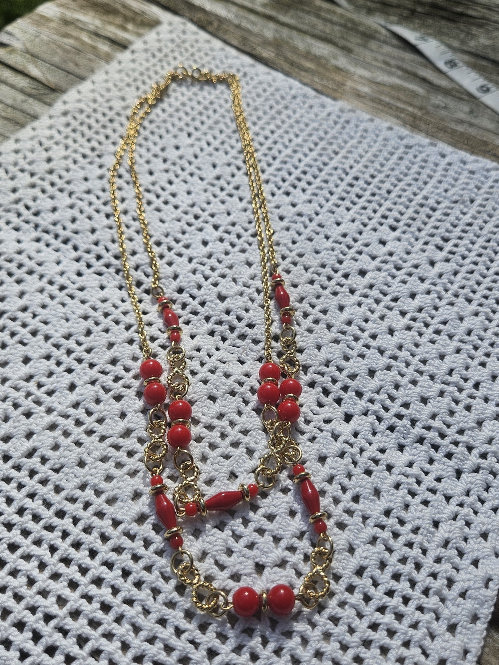 Gold-Tone Necklace with Red Beads - Women Jewelry